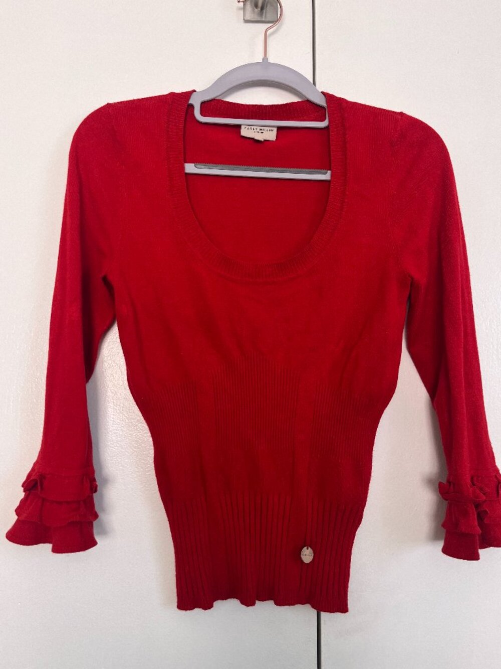 Karen Millen red sweater with ruffle detail, 3/4 sleeves -- size 3